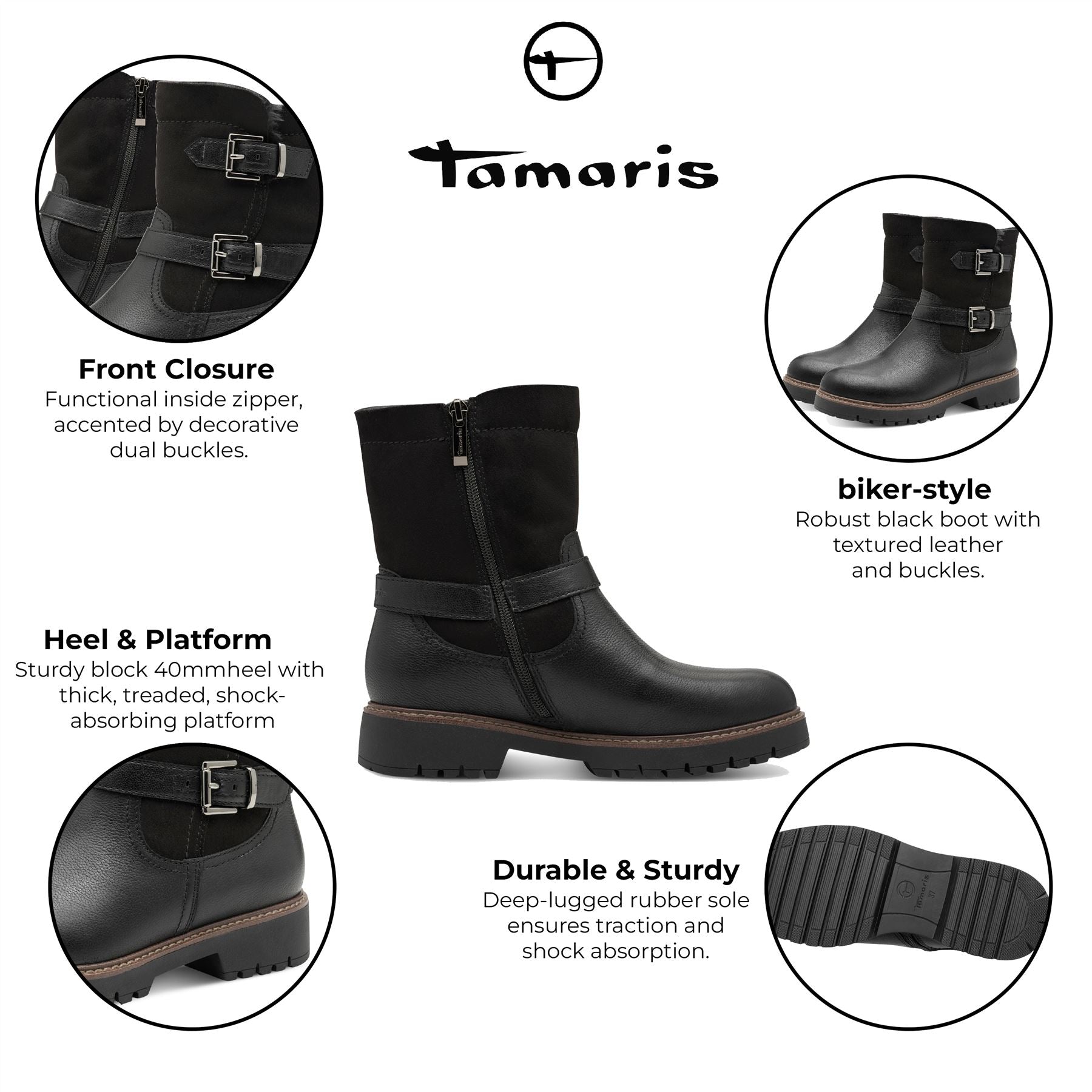 Tamaris Womens Winter Black Leather Buckle Zip Biker Ankle Boots