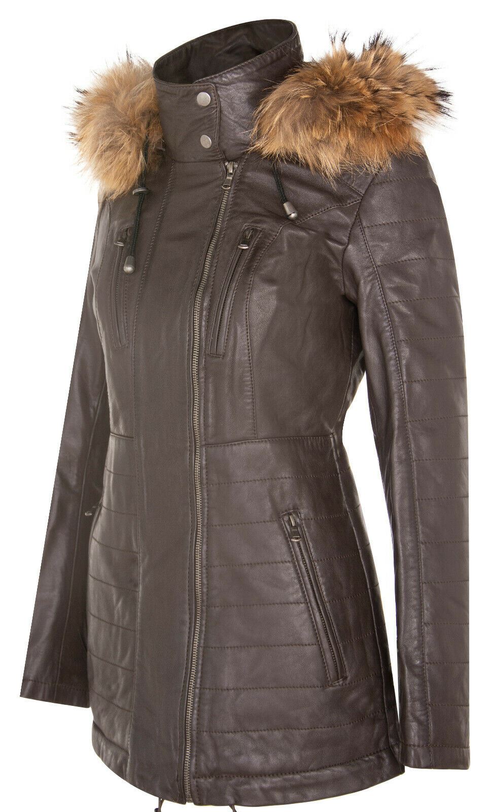 Womens Slim Fit Leather Hooded Parka Jacket-Northam