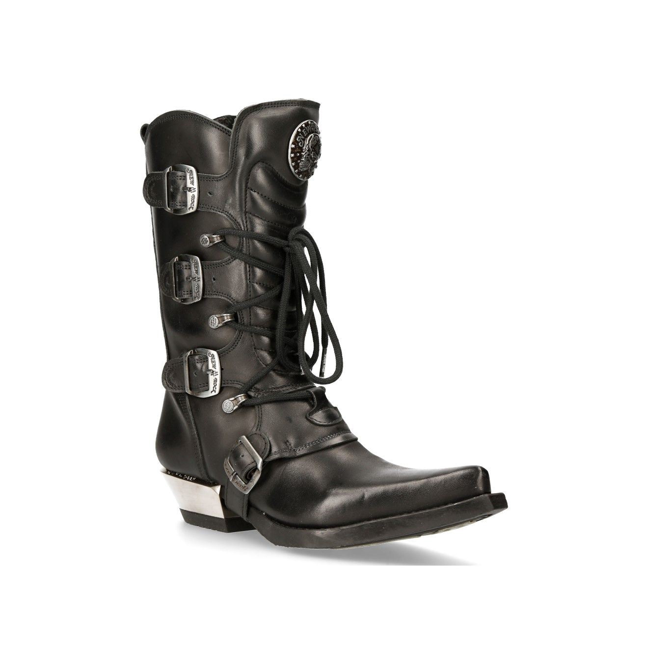 New Rock Black Leather Cowboy Buckle Boots- M-7993-S1