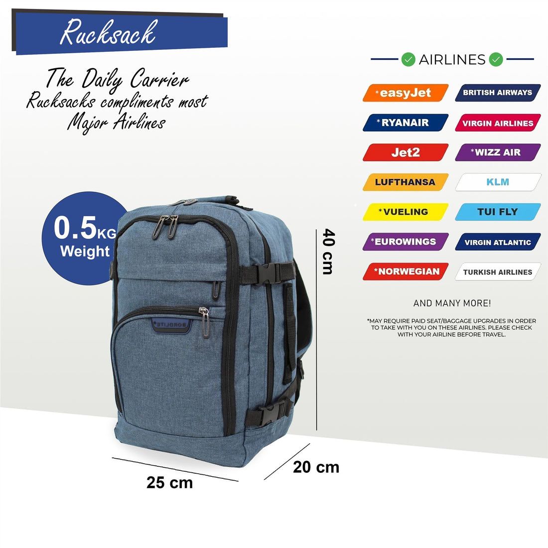 Rucksack Backpack 40x20 x25 cm Underseat Travel Cabin Bag for Easy Jet, Ryanair navy