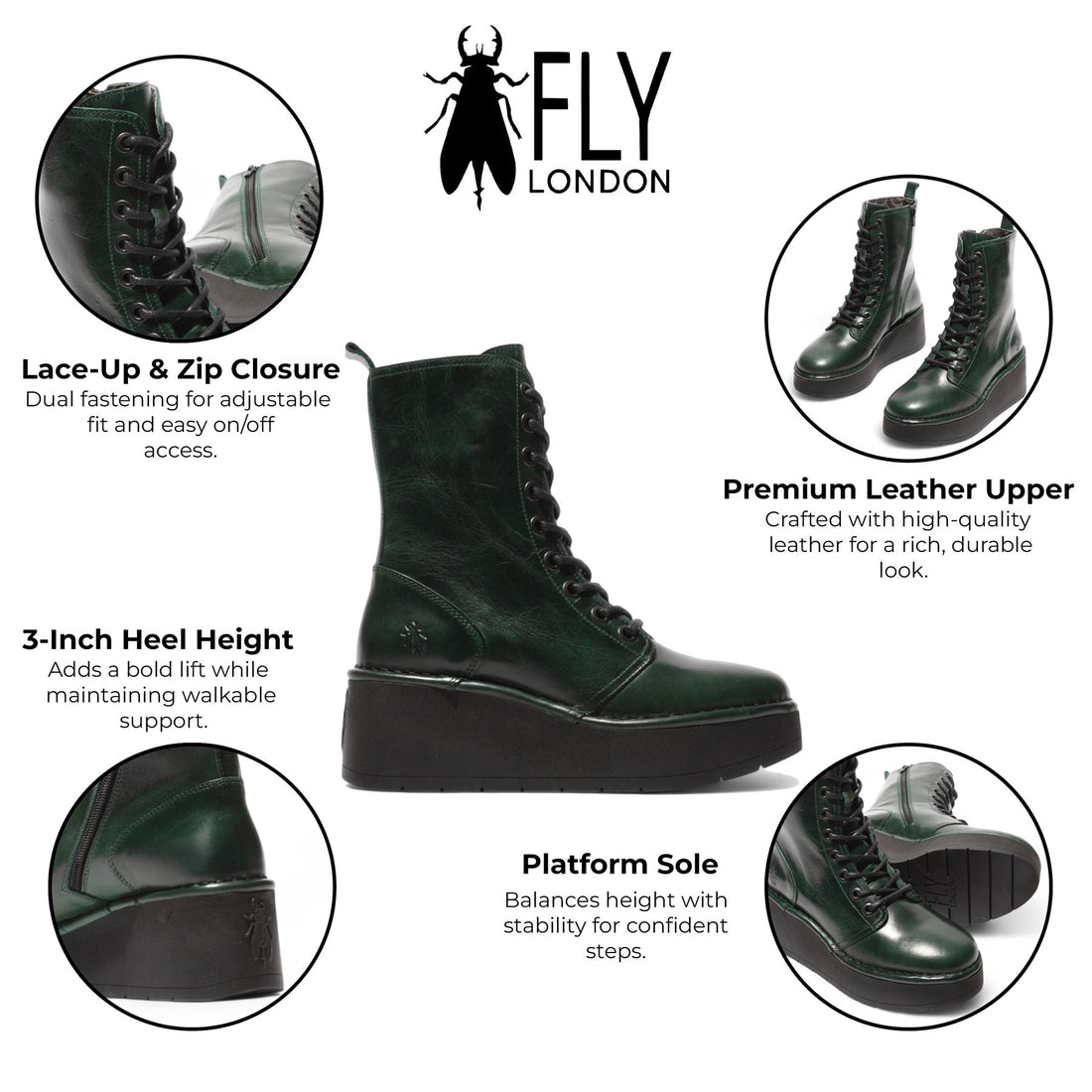 Fly London Womens Petrol Green HAIT273 Leather Lace-up Chunky Platform Ankle Boots