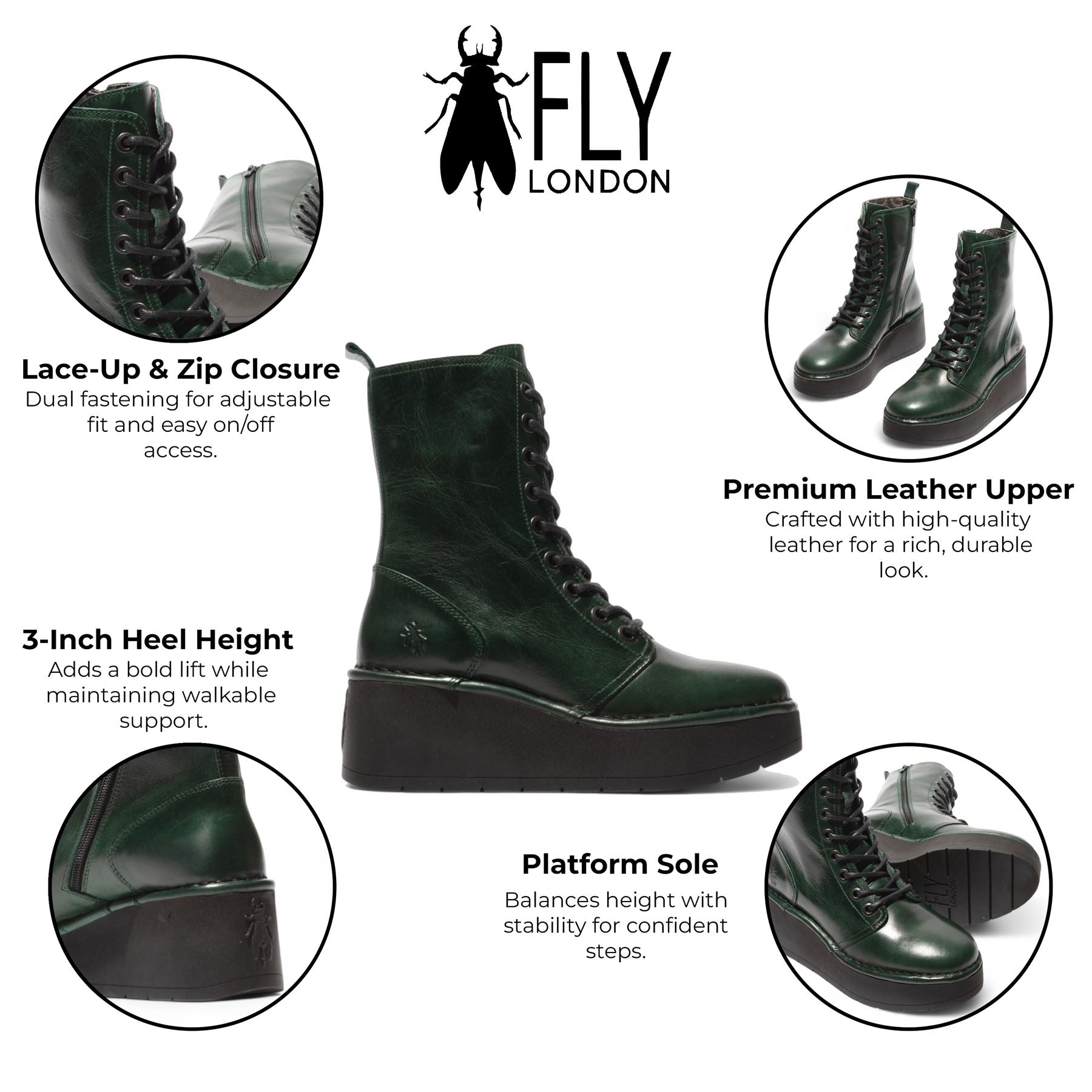 Fly London Womens Petrol Green HAIT273 Leather Lace-up Chunky Platform Ankle Boots