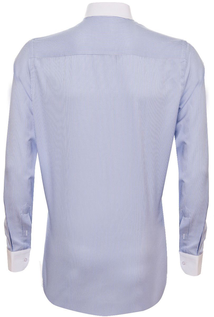 Mens Peaky Blinders Removable Collar Nehru Light Blue Striped Collarless Shirt