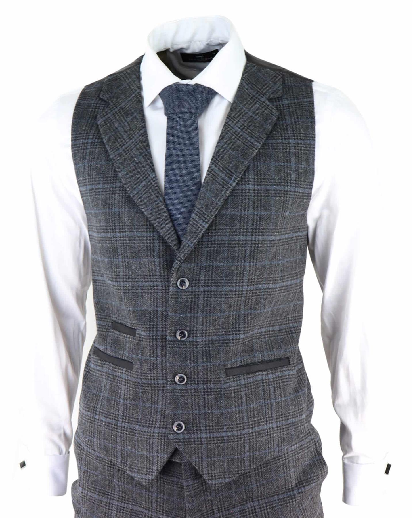 Mens Grey Check 3 Piece Tweed Suit Peaky Blinders 1920s Gatsby Tailored Fit