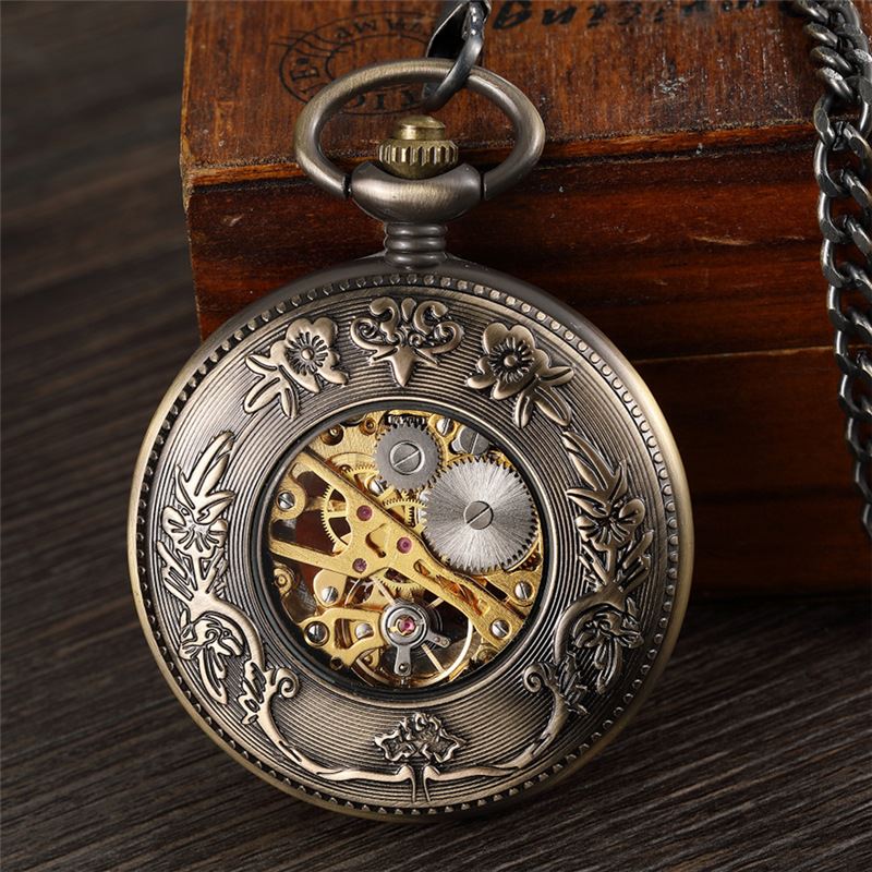 Antique Gold Wooden Half-Hunter Skeleton Alloy Pocket Watch