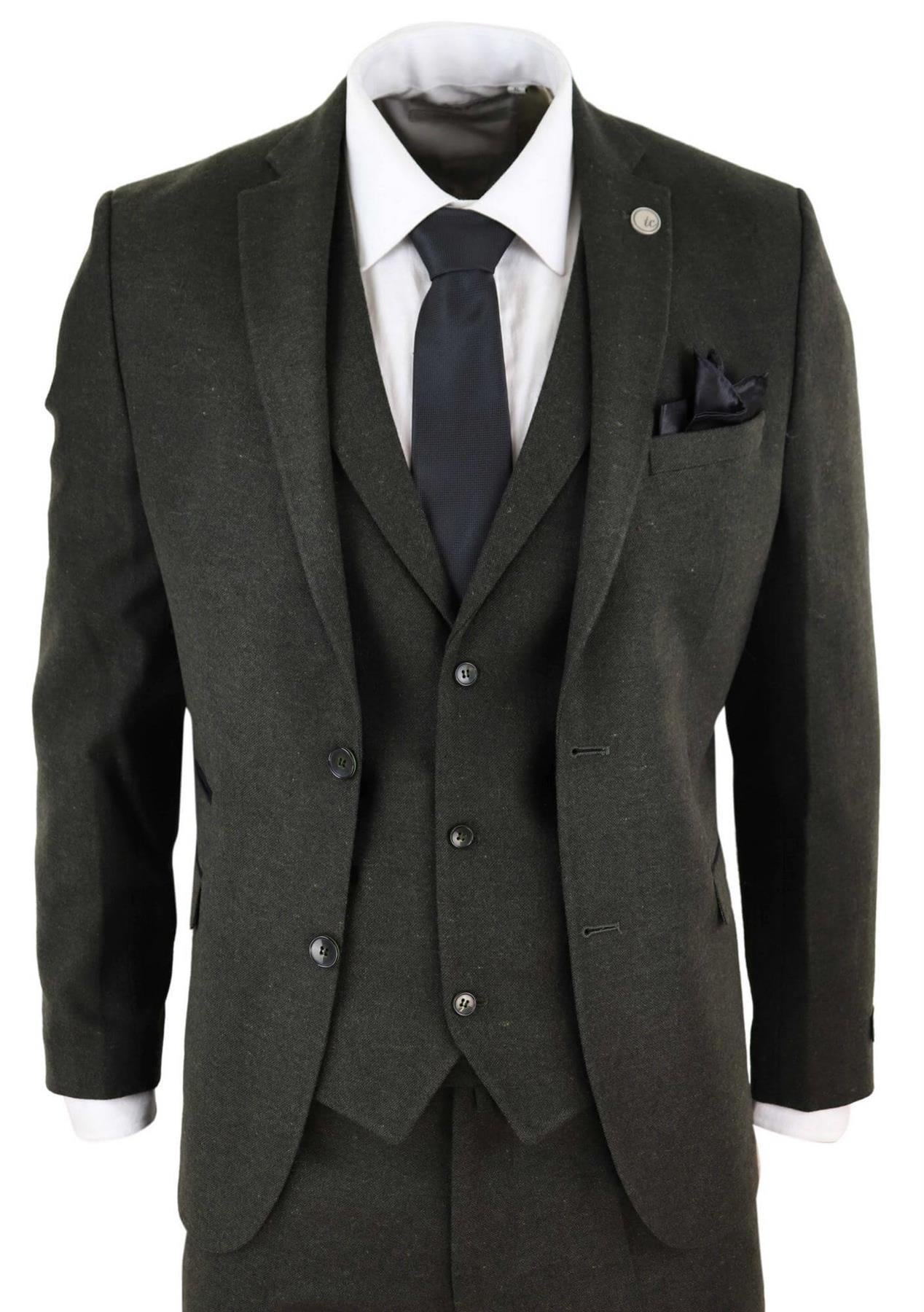 Mens 3 Piece Olive Green Wool Tweed Vintage Retro Suit
