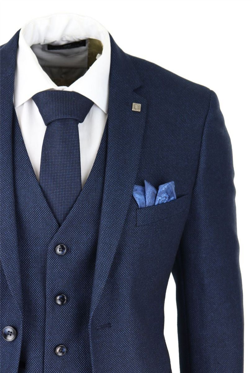 Mens 3 Piece Navy Blue Birdseye Tweed Classic Suit