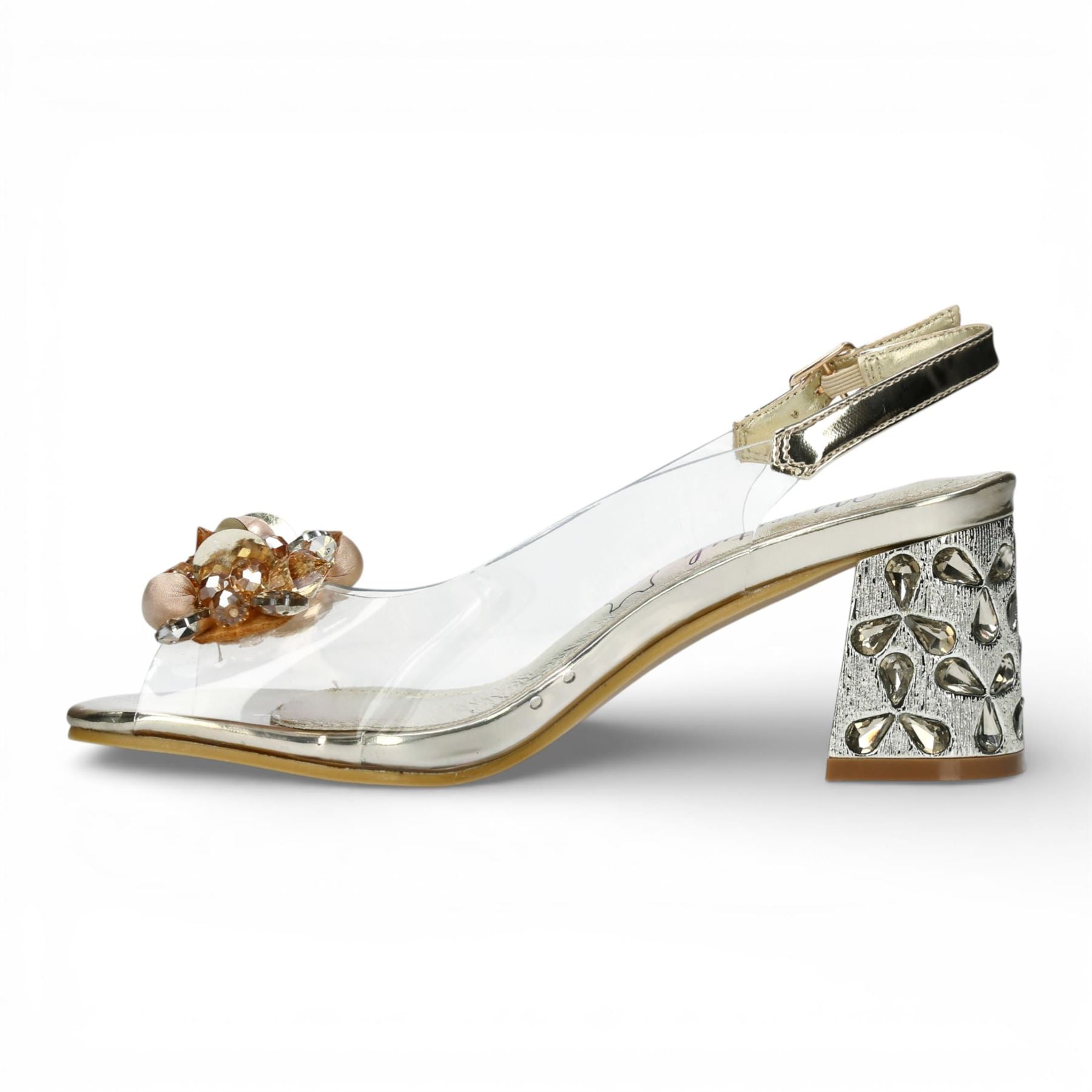 Laura Vita Women’s Clear Golden Slip-On Cinderella Block Heel Sandals - Marlene 12