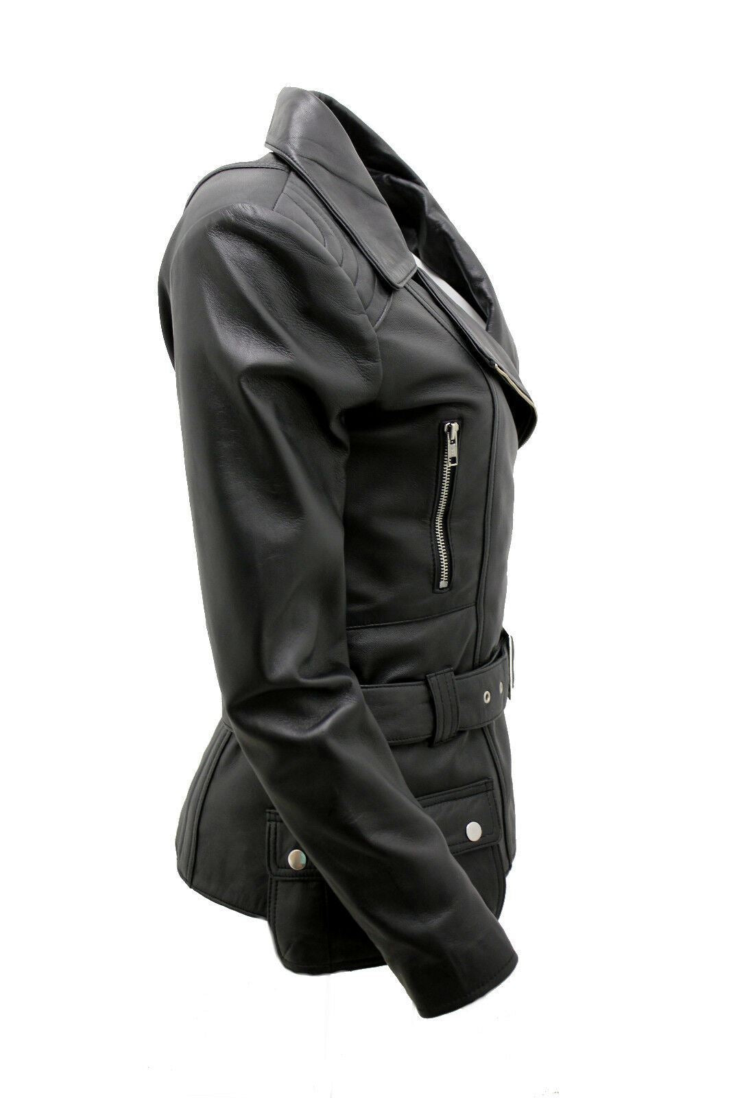Womens Mid-length Leather Biker Jacket-Middlewich
