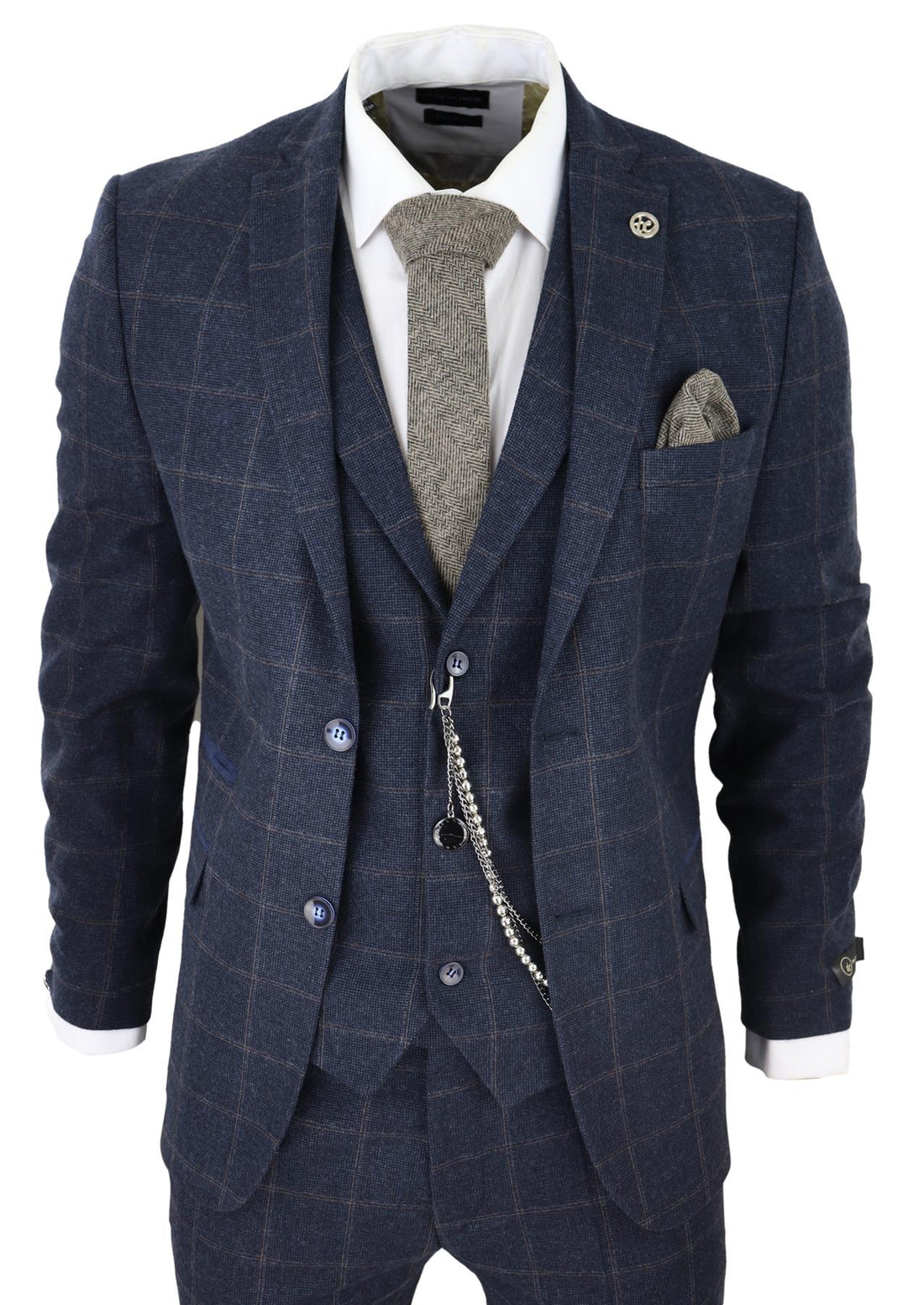 Mens 3 Piece Wool Suit Navy Blue Tweed Check Peaky Blinders 1920 Gatsby Formal