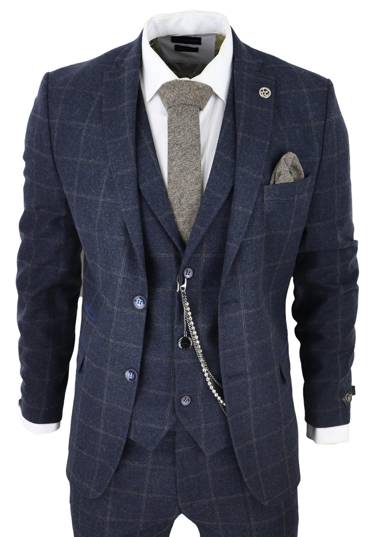 Mens 3 Piece Wool Suit Navy Blue Tweed Check Peaky Blinders 1920 Gatsby Formal