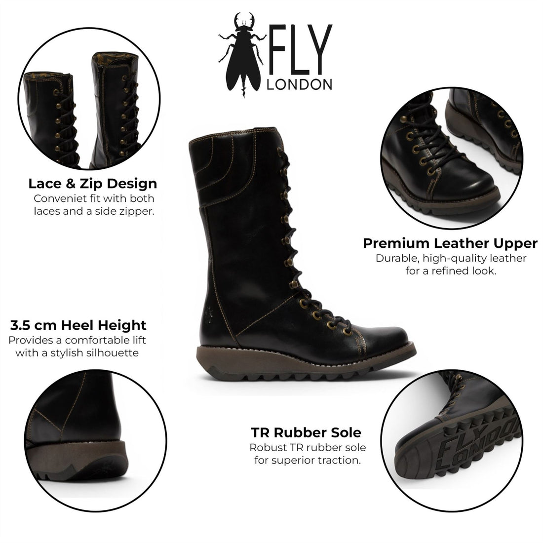 Fly London Women’s Black Leather Lace-Up Combat Ankle Boots- STER768