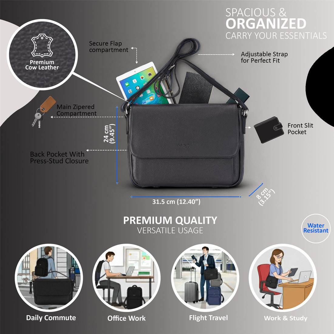 Genuine Leather Black Laptop Bag Travel Work Messenger Satchel - Camden