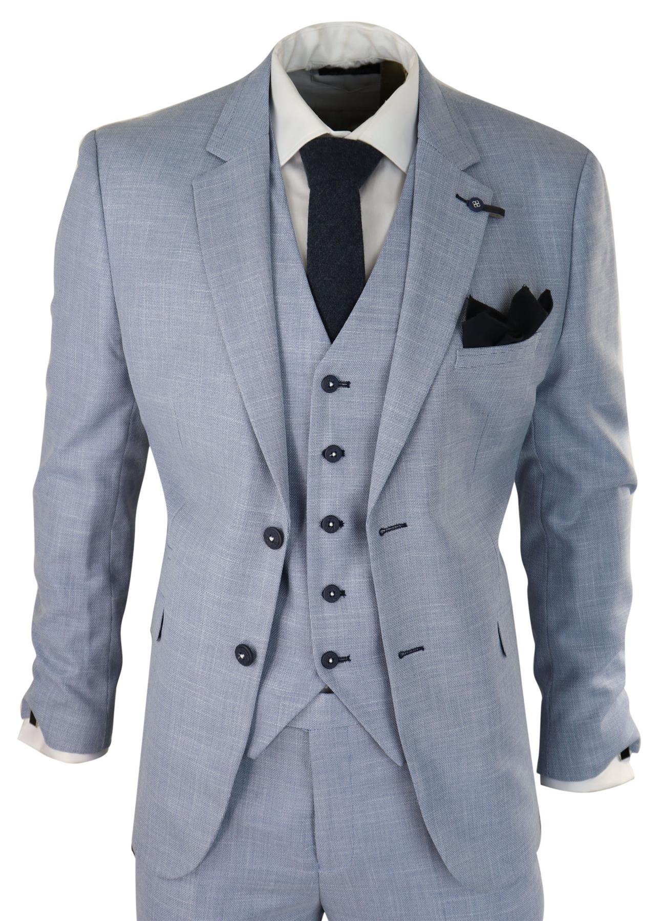 Mens 3 Piece Linen Suit Light Blue Summer Tailored Fit Wedding Prom Classic Suit