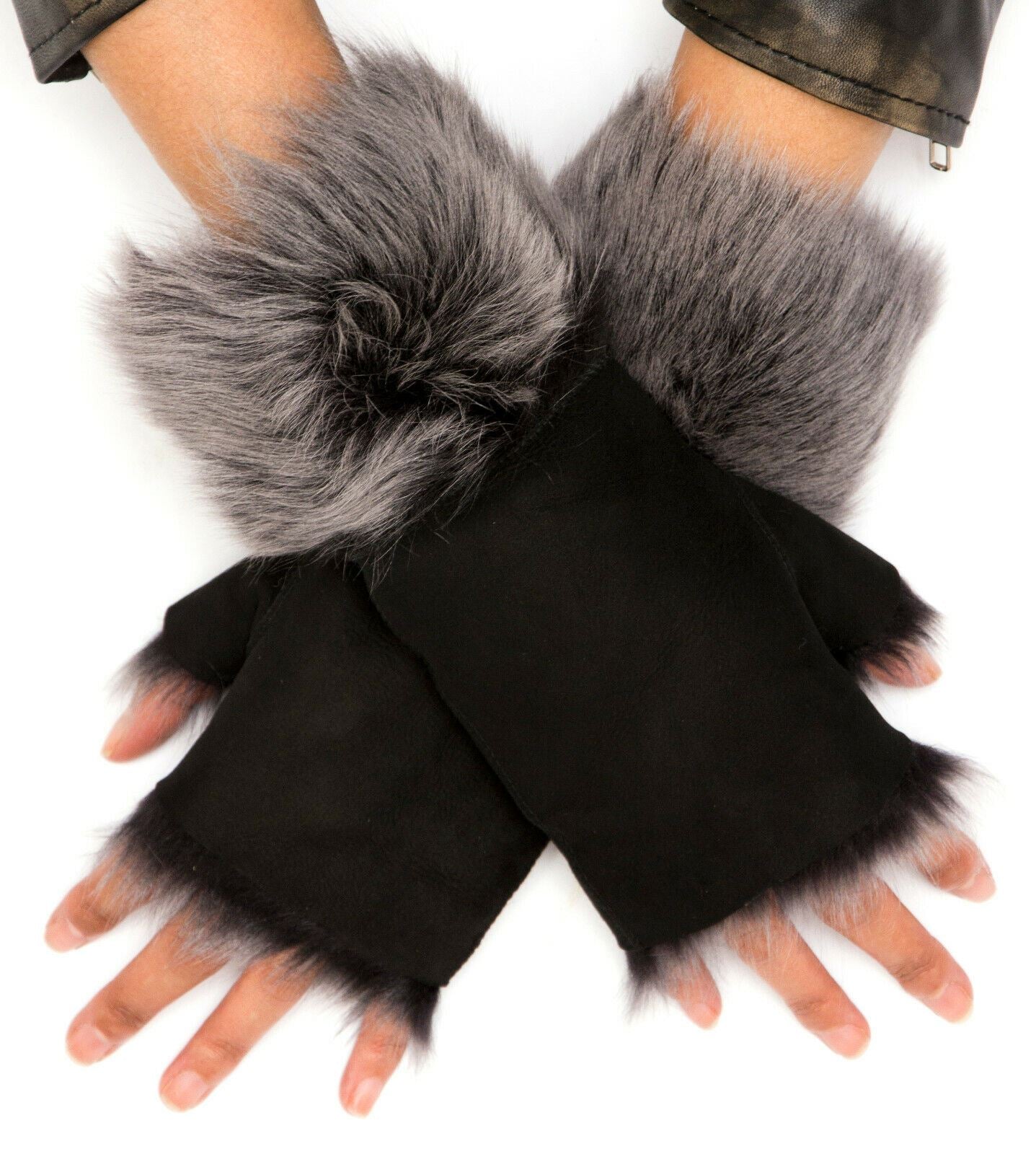 Womens Shearling Mittens Fingerless Cuffs Toscana Suede Sheepskin Fur