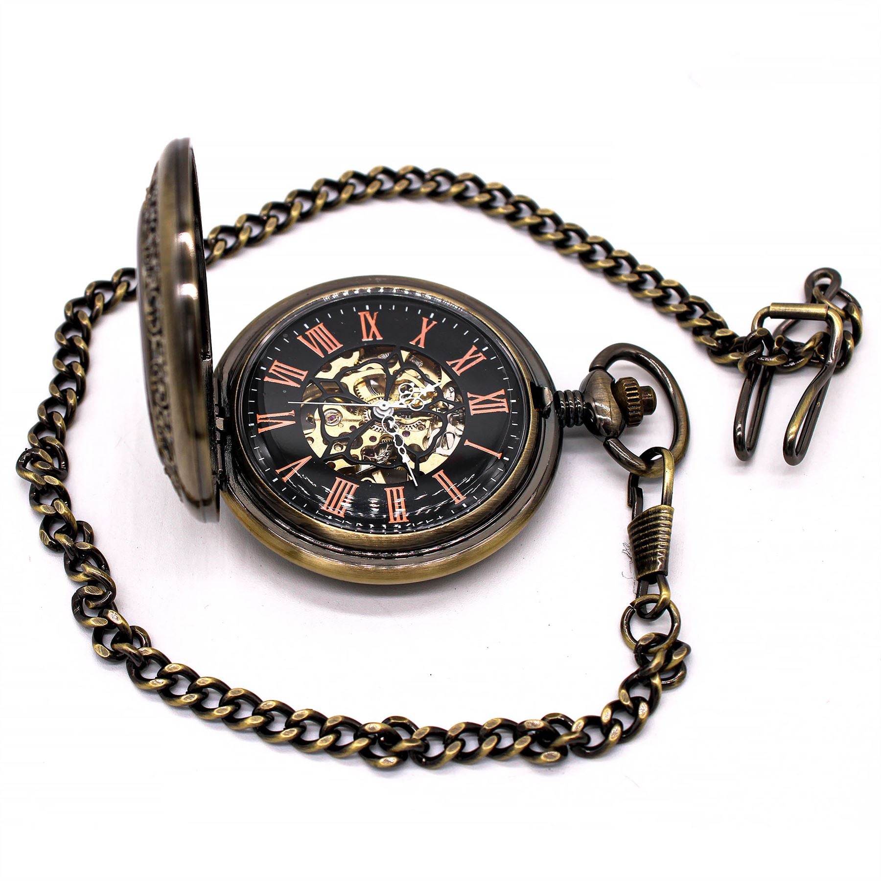 Vintage Bronze Wooden Skeleton Half Hunter Alloy Pocket Watch
