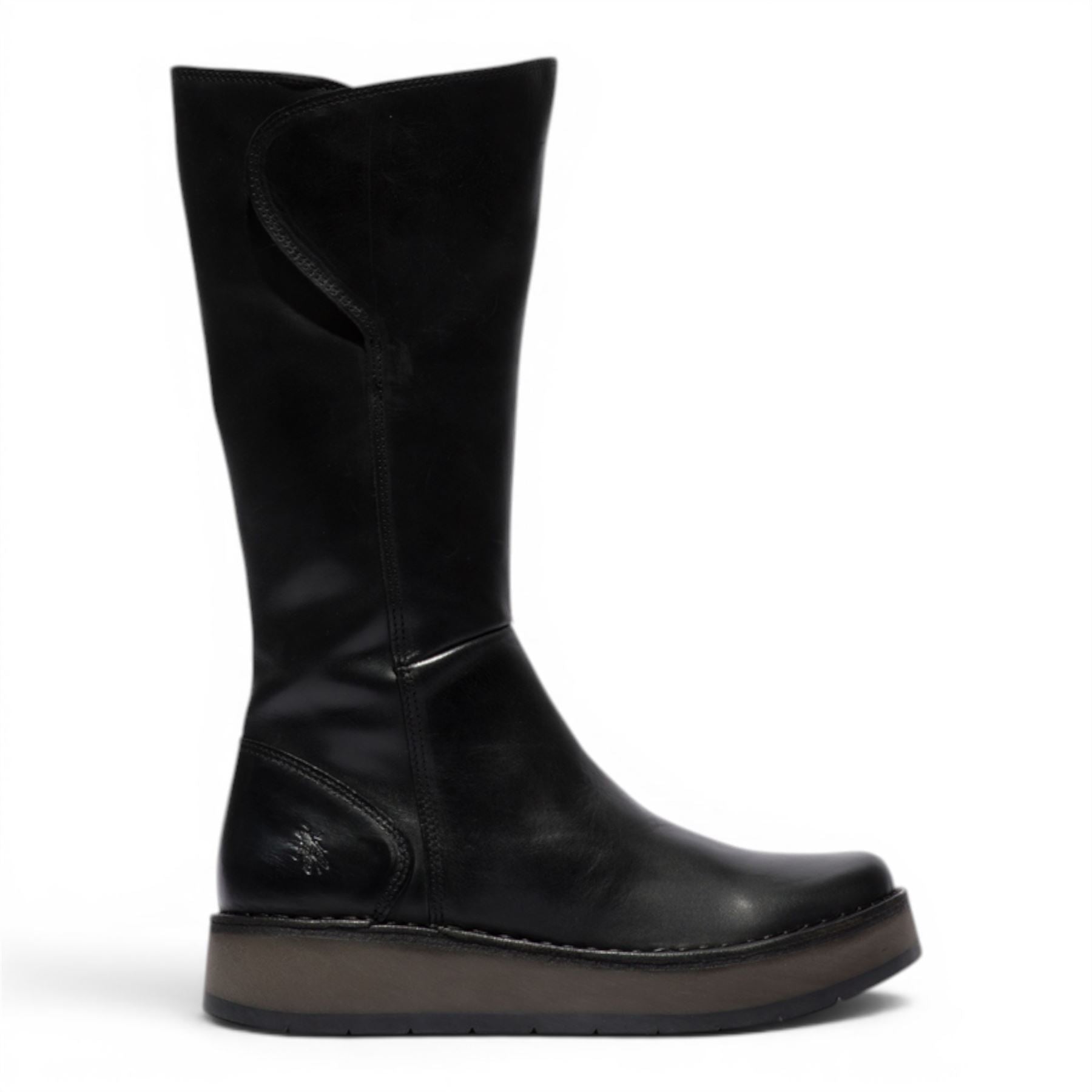 Fly London Womens Black Leather High Pull On Long Boots - RHEA042