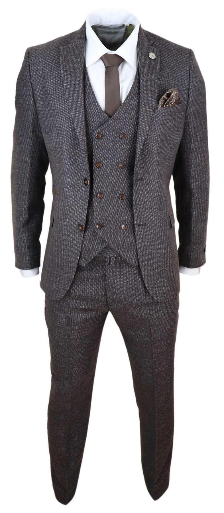 Mens Brown Wool 3 Piece Suit Double Breasted Tweed Peaky Blinders 1920