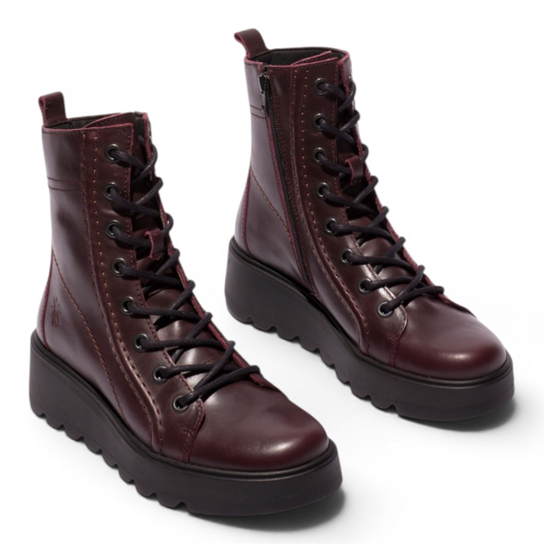 Fly London Womens Wine Leather Lace-Up Wedge Heel Combat Boots - TERY554