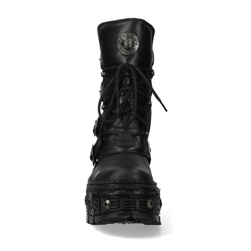 New Rock Leather Mid Calf Black Boots-WALL373-S11
