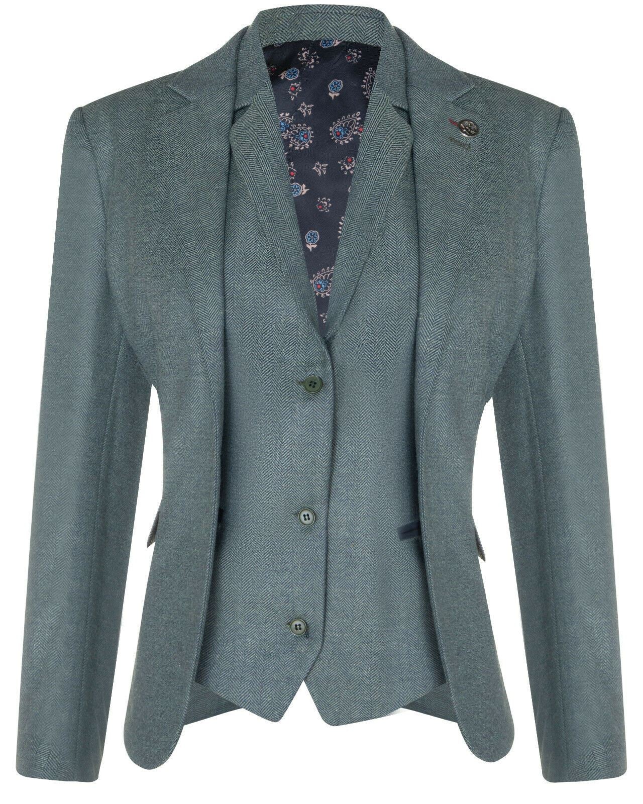 Womens Tweed Herringbone Green Wool 1920s Blazer