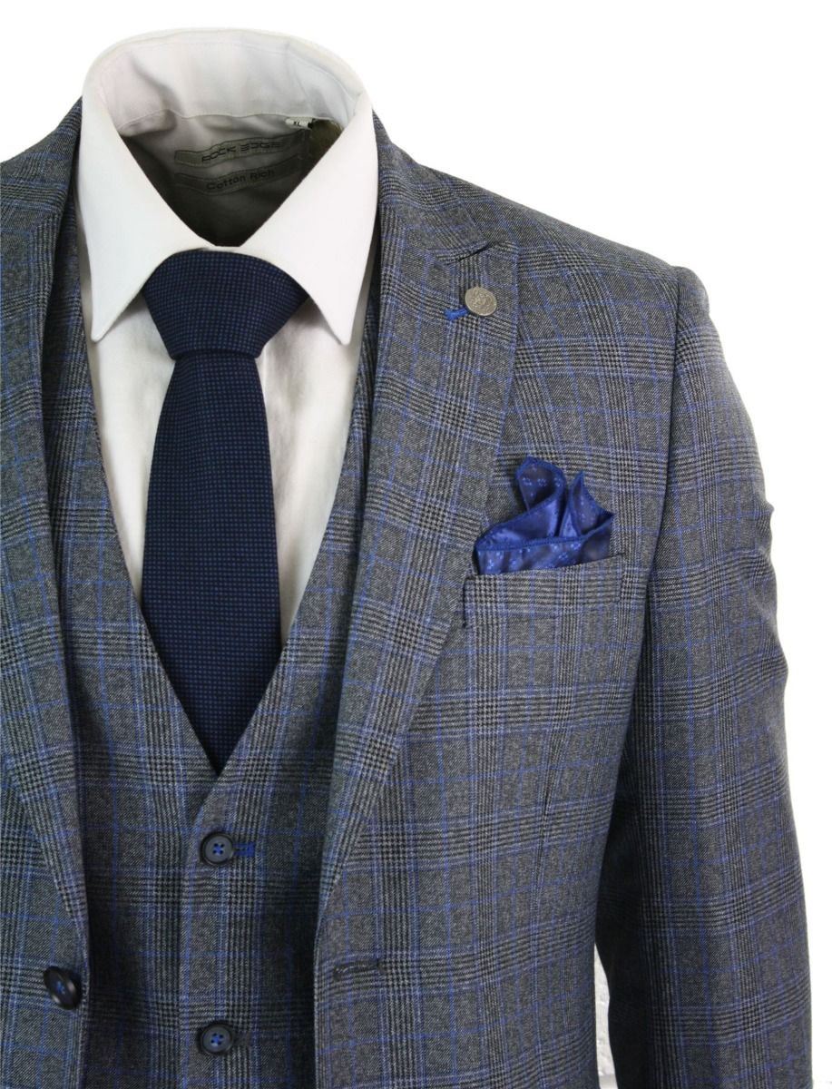 Mens 3 Piece Grey Blue Check Vintage Retro Suit