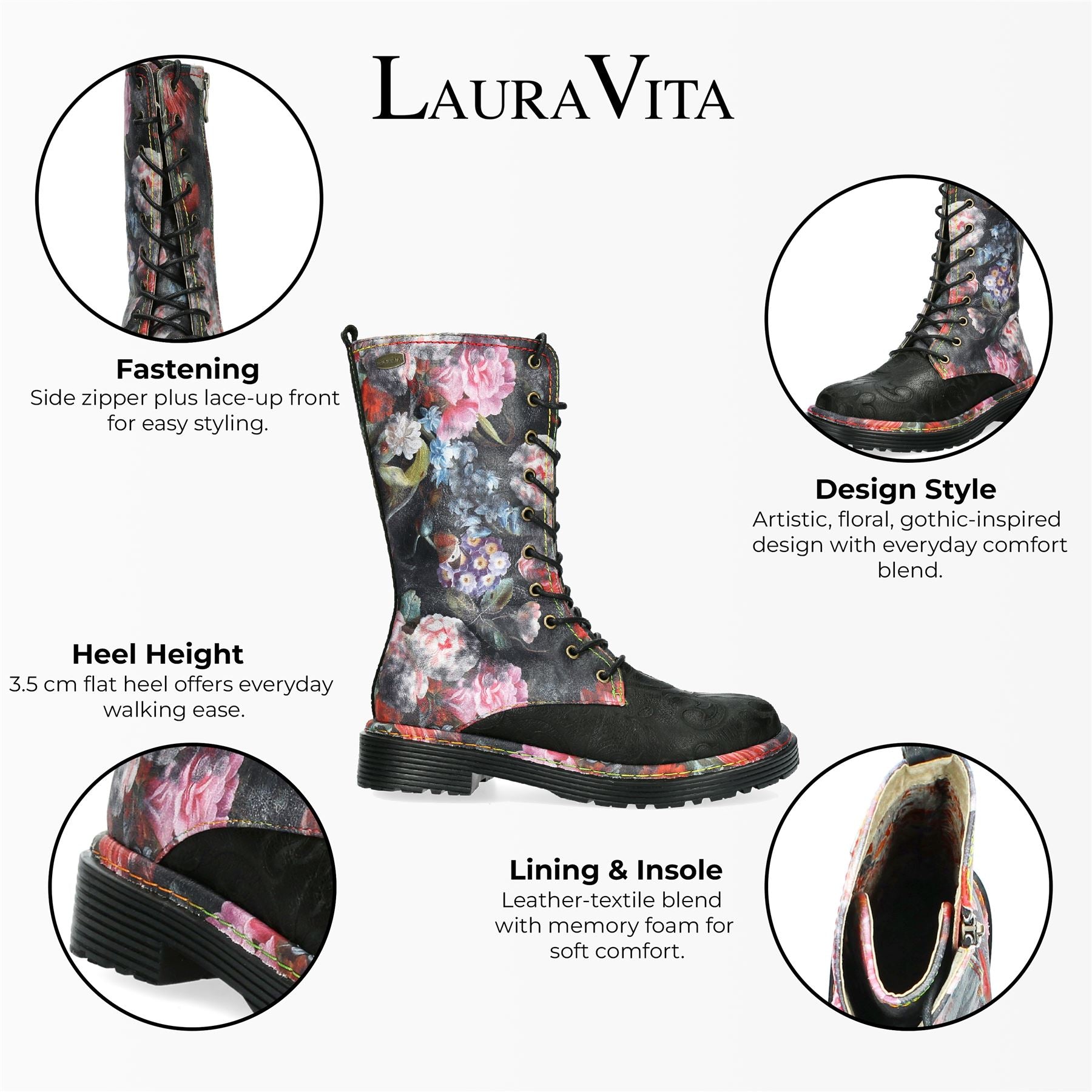 Laura Vita Incaso-18 Black Floral Womens Gothic Victorian Leather High Boots