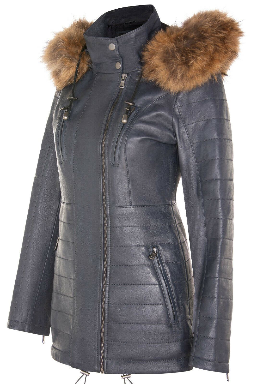 Womens Slim Fit Leather Hooded Parka Jacket-Northam