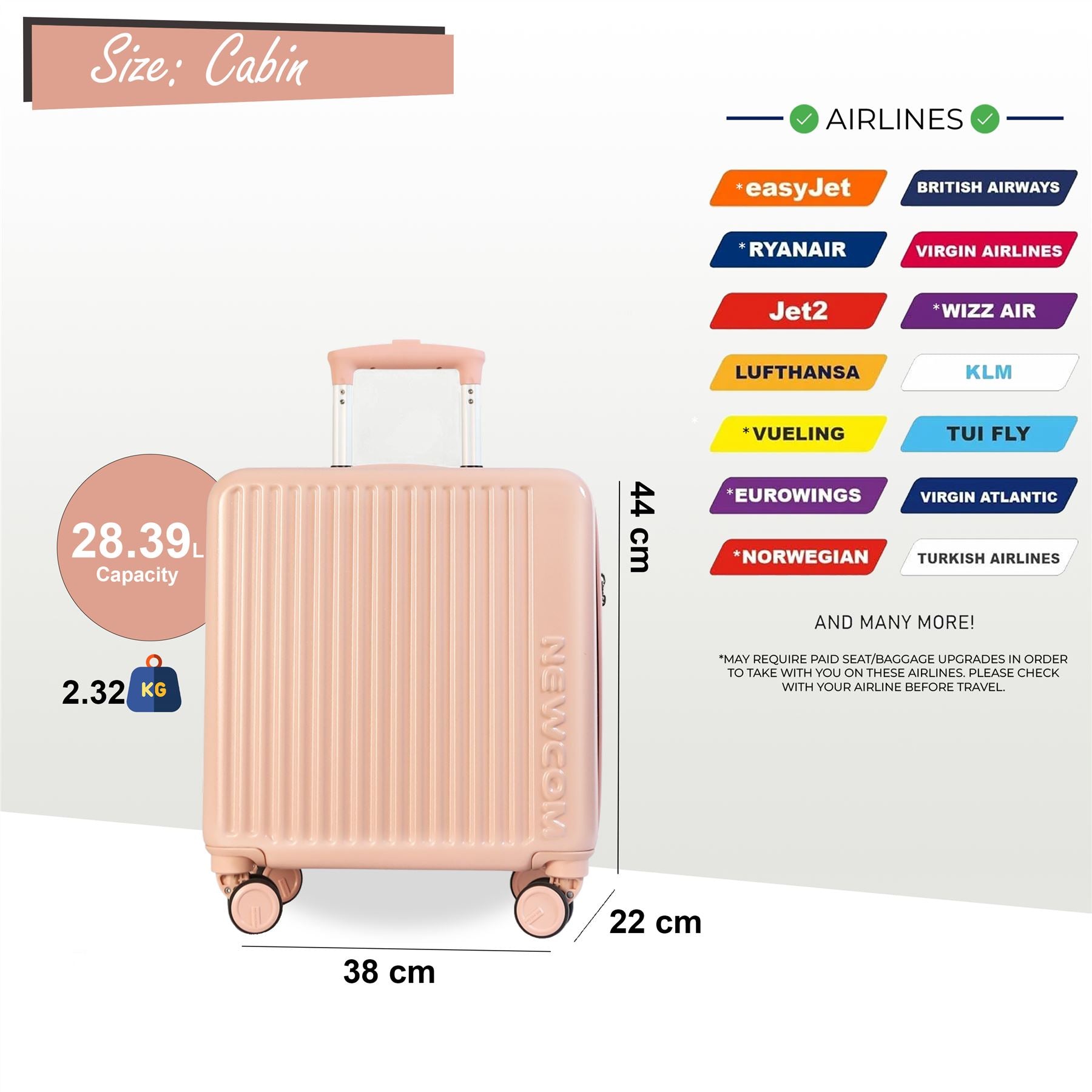 Hard Shell Cabin 44 x 22 x 38 cm Pink TSA Secure Luggage Suitcase Suitable for Easyjet, Ryanair