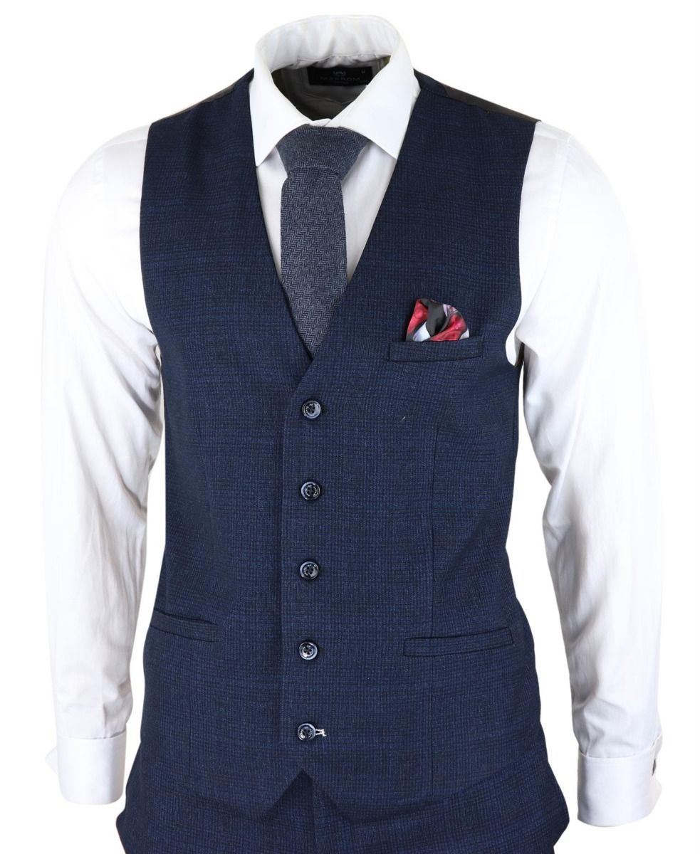 Mens 3 Piece Navy Blue Check Tweed Retro Classic Suit