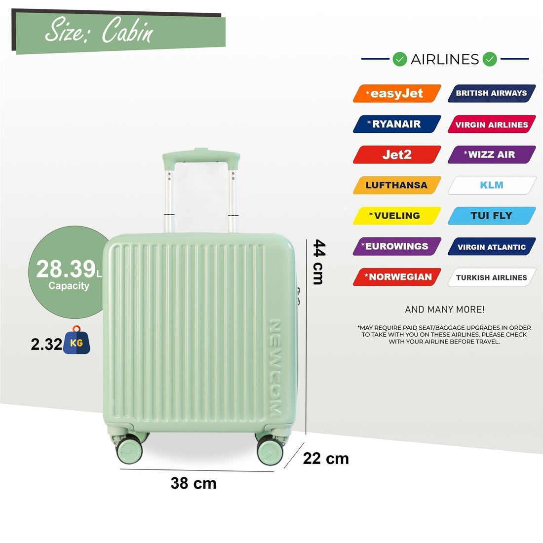 Hard Shell Cabin 44 x 22 x 38 cm Green TSA Secure Luggage Suitcase Suitable for Easyjet, Ryanair