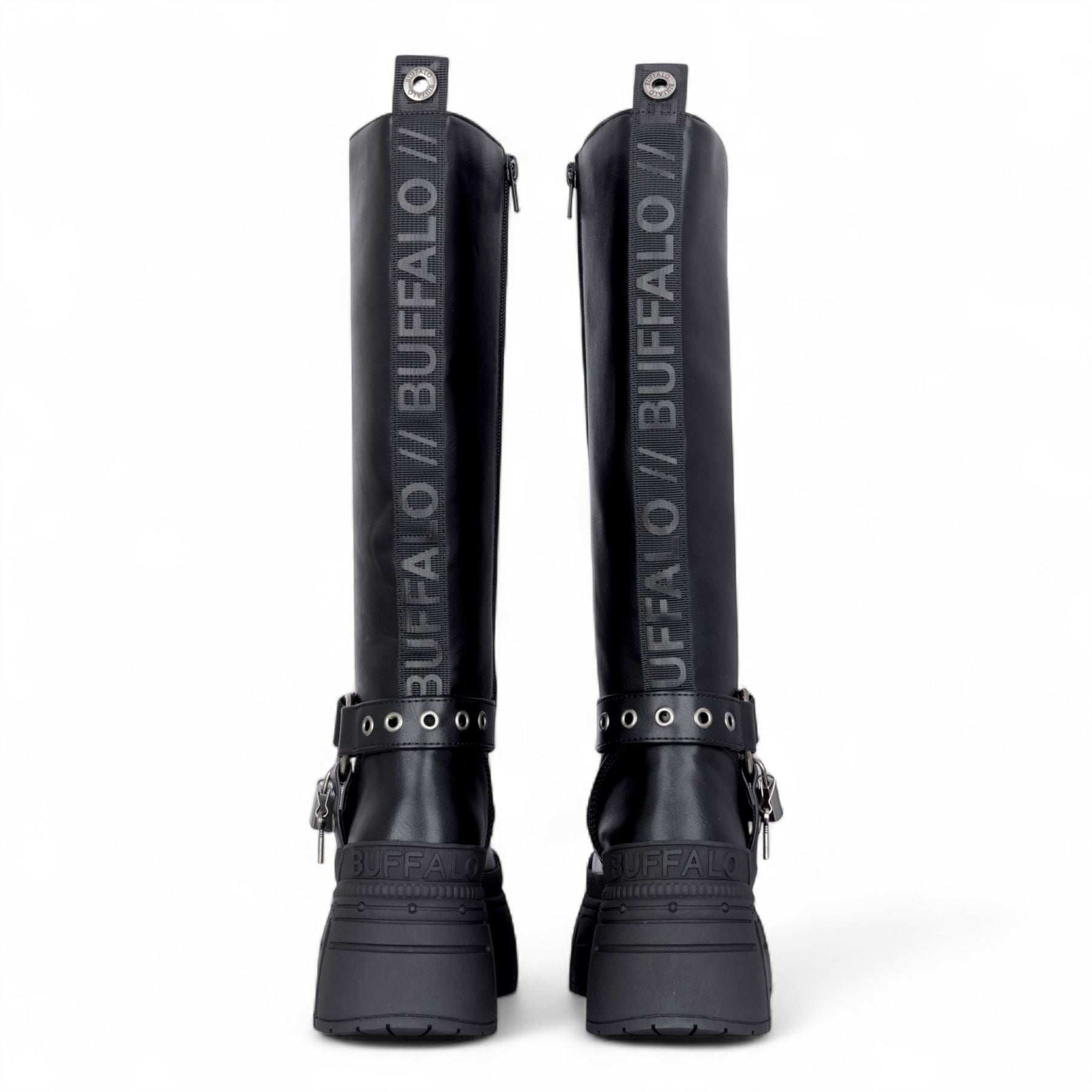 Buffalo Womens Biker Knee High Black Chunky Goth Platform Boots - Gospher Hi