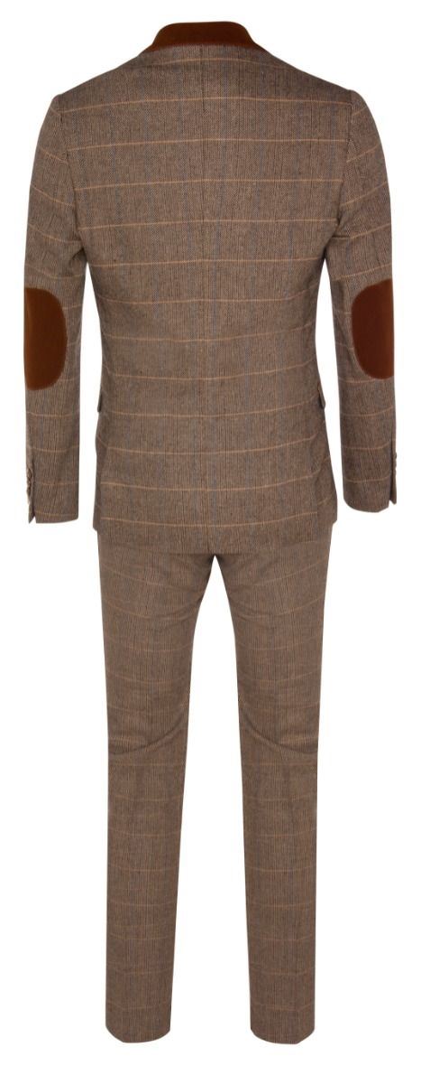 Mens 3 Piece Tan Tweed Check Suit