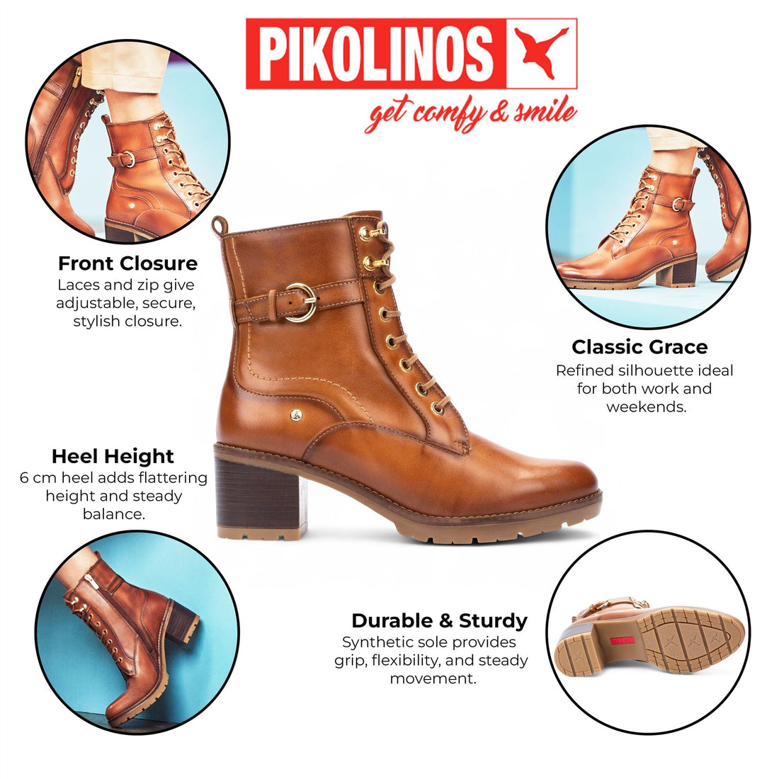 Pikolinos Women’s Brandy Brown Leather Mid-Heel Combat Ankle Boots - Llanes