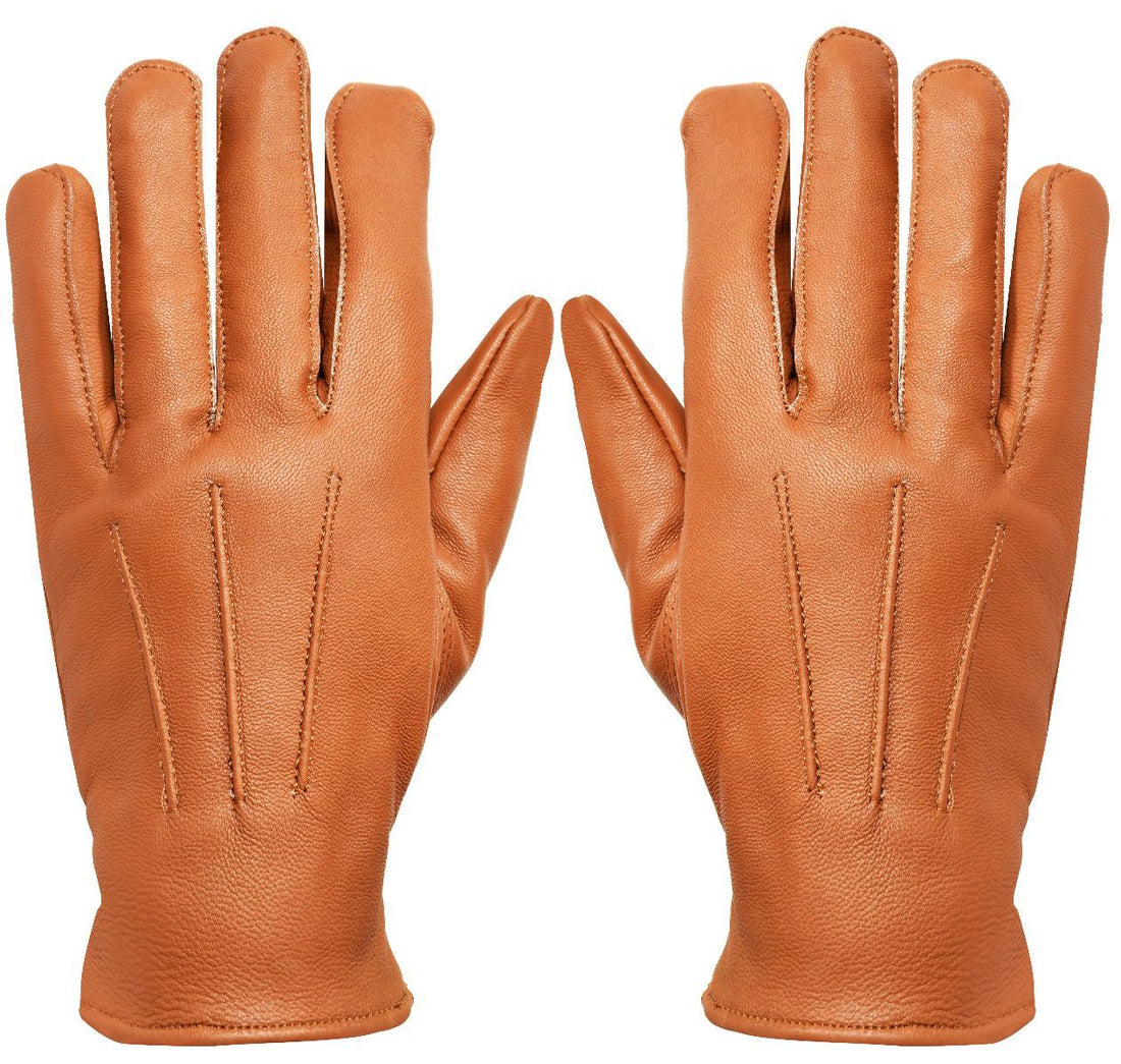 MENS TAN CLASSIC REAL 100% LEATHER GLOVES THERMAL LINED DRIVING WINTER GIFT - Upperclass Fashions 