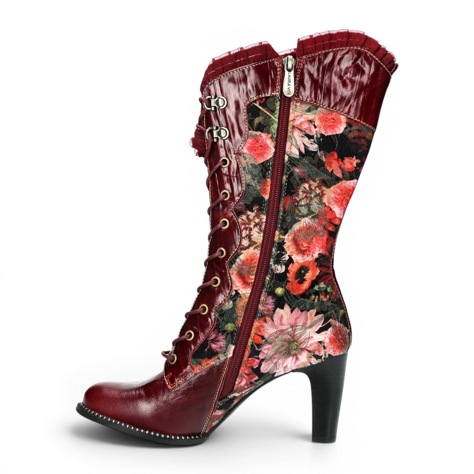 Laura Vita Floral Womens Goth Victorian Red Leather Heeled High Boots - Alcbane-351