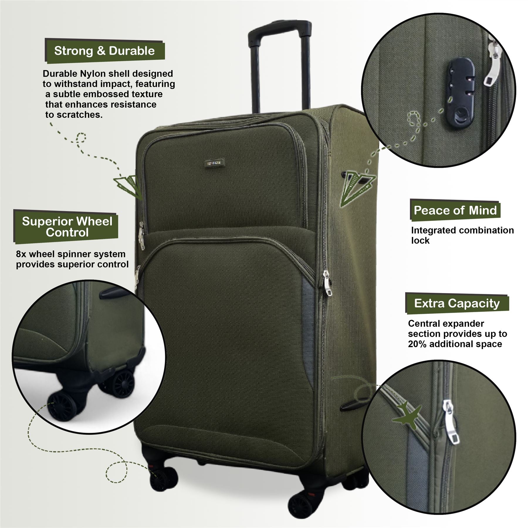 Gosford Set of 3 Soft Shell Suitcase in Green