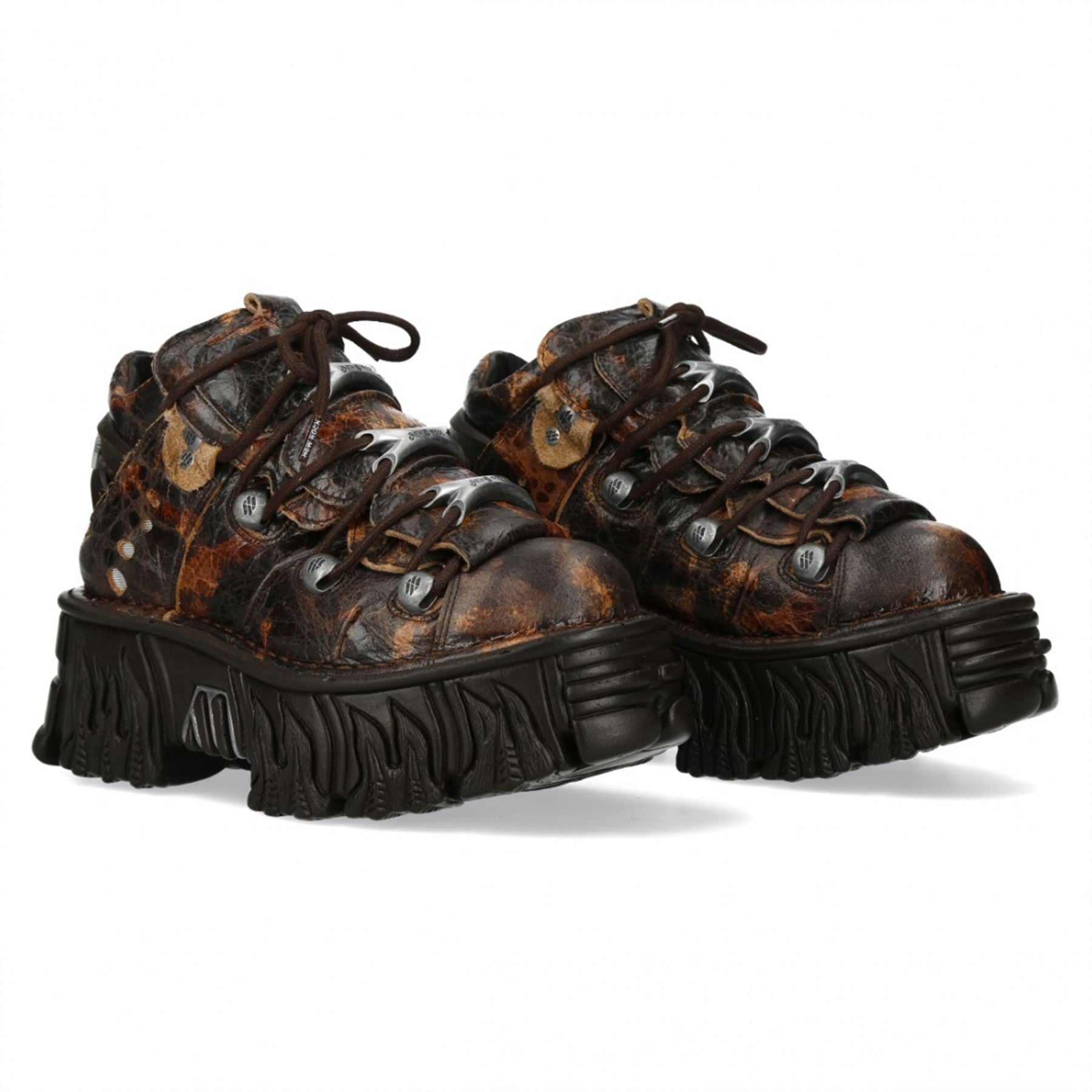 New Rock M-106-C194 Brown Flame Leather Gothic Ankle Platform Boots
