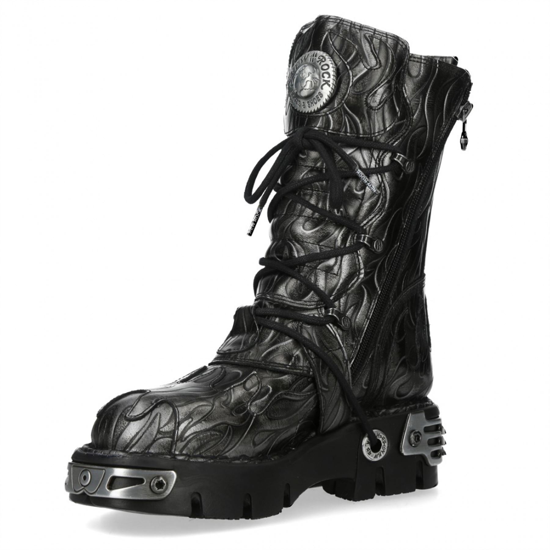 New Rock M-591-C63 Mid-Calf High Black Steel Leather Metallic Gothic Boots