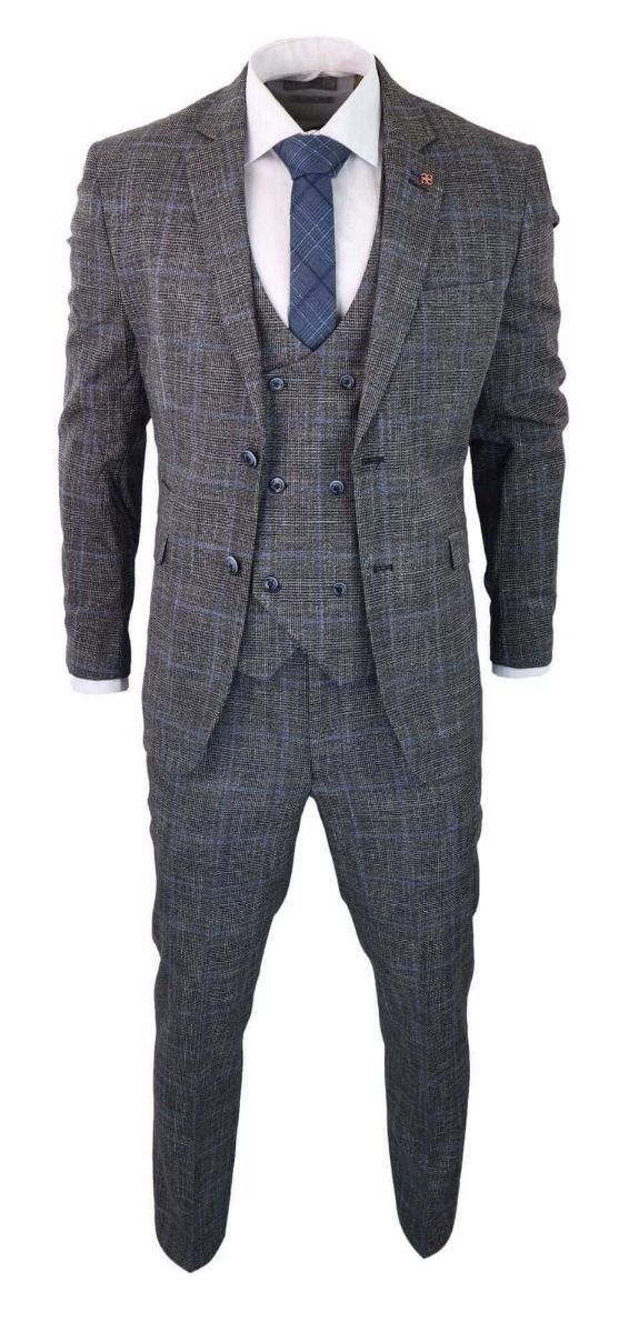 Mens 3 Piece Grey With Blue Check Tweed Vintage Classic Suit