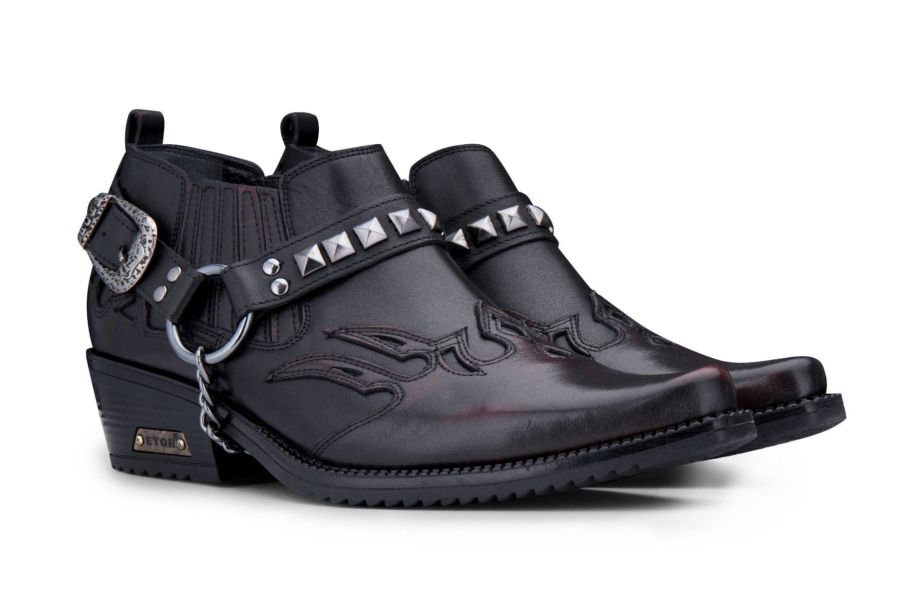 Men’S Black Leather Winklepicker Studded Western Biker Boots