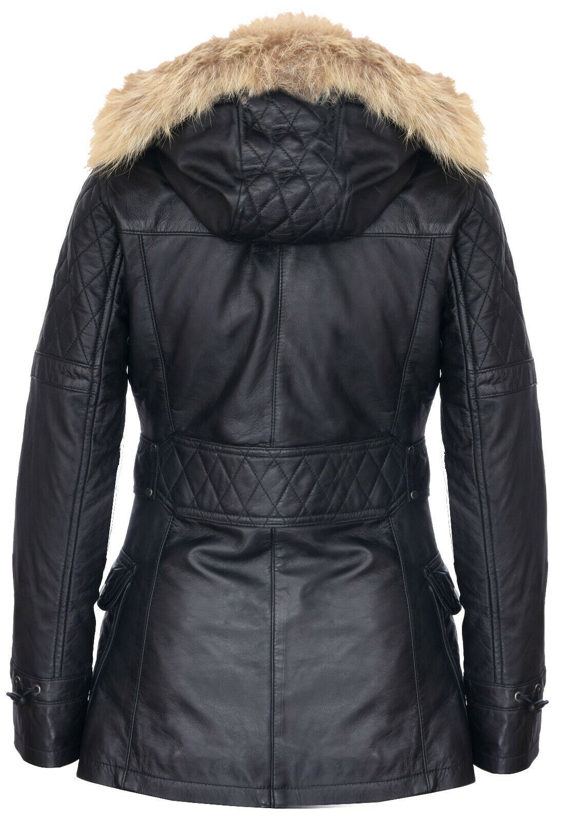 Womens Quilted Leather Hooded Parka Jacket-Northampton