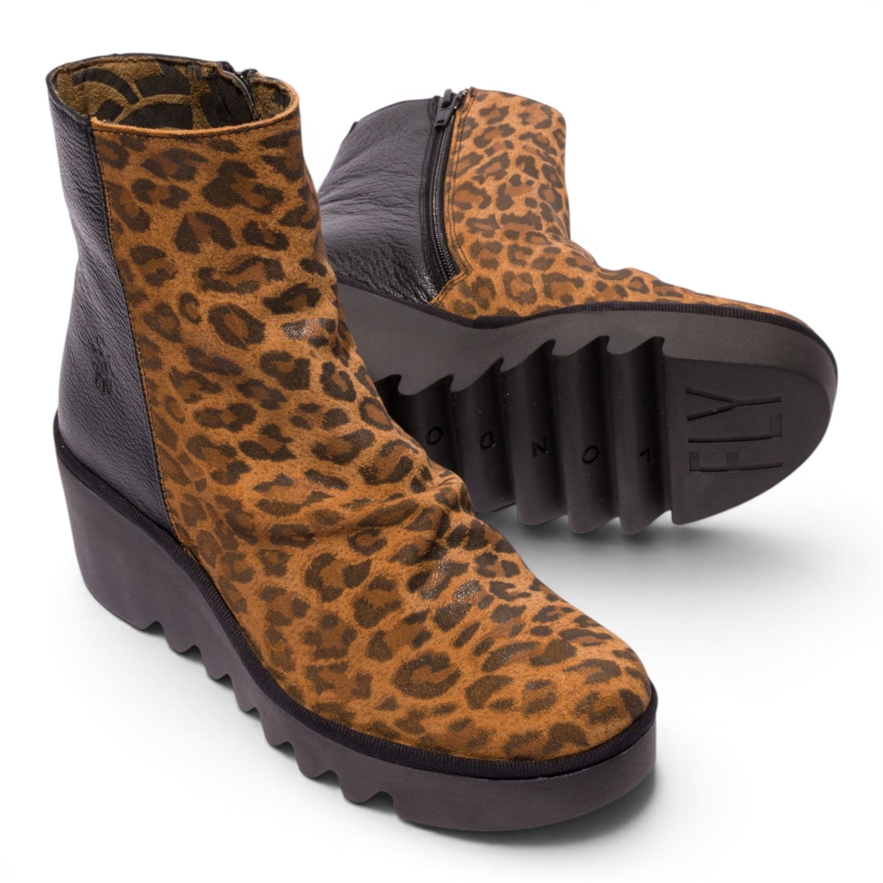 Fly London Women’s Black Tan Suede Leather Wedge Heel Platform Ankle Boots - BAAN538