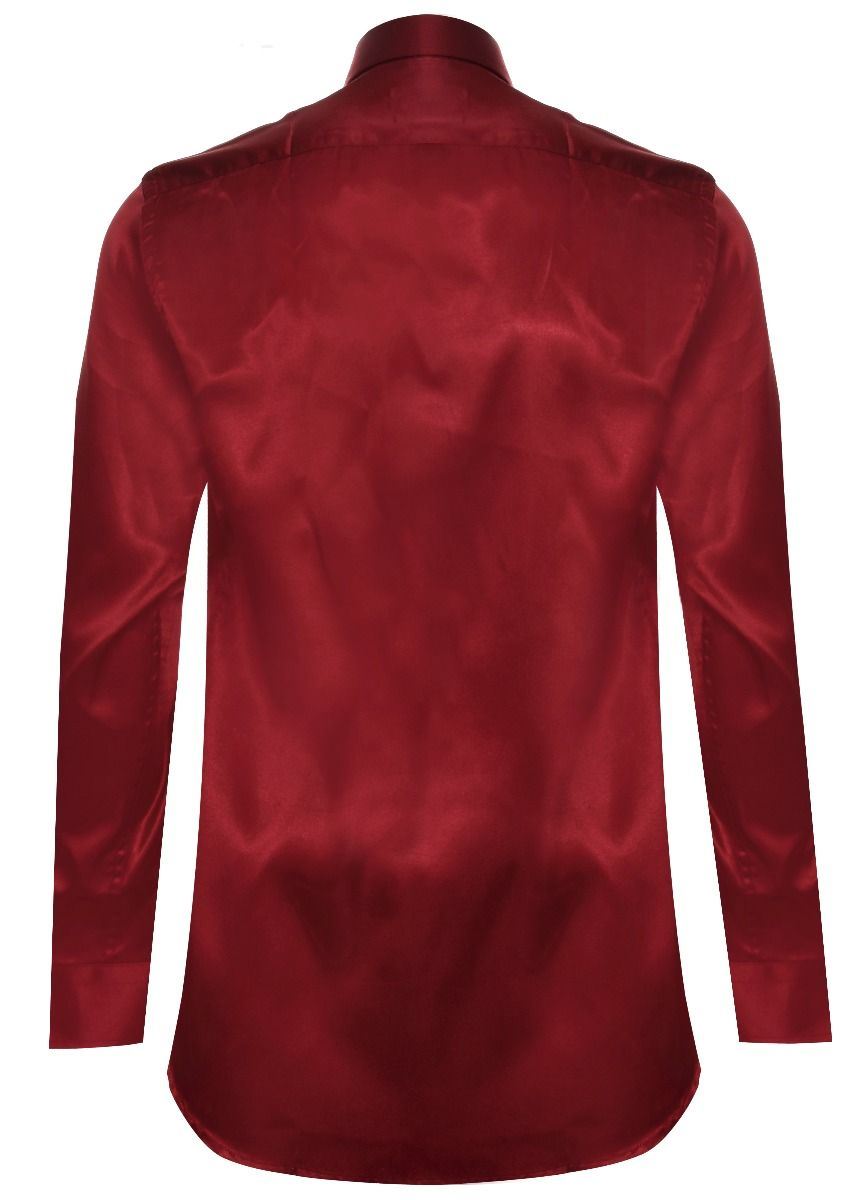 Mens Wine Satin Silk Shirt Smart Casual Button Down Cuff Tailored Fit
