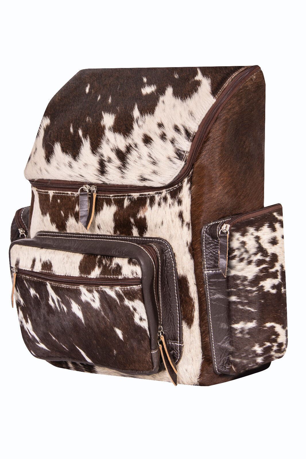 Deluxe Brown Leather Backpack Bag Genuine Cowhide &amp; Cow Fur Travel Rucksack - Upperclass Fashions 