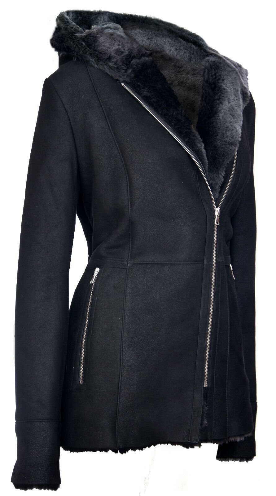 Womens Hooded Black Merino Sheepskin Jacket-Rothwell