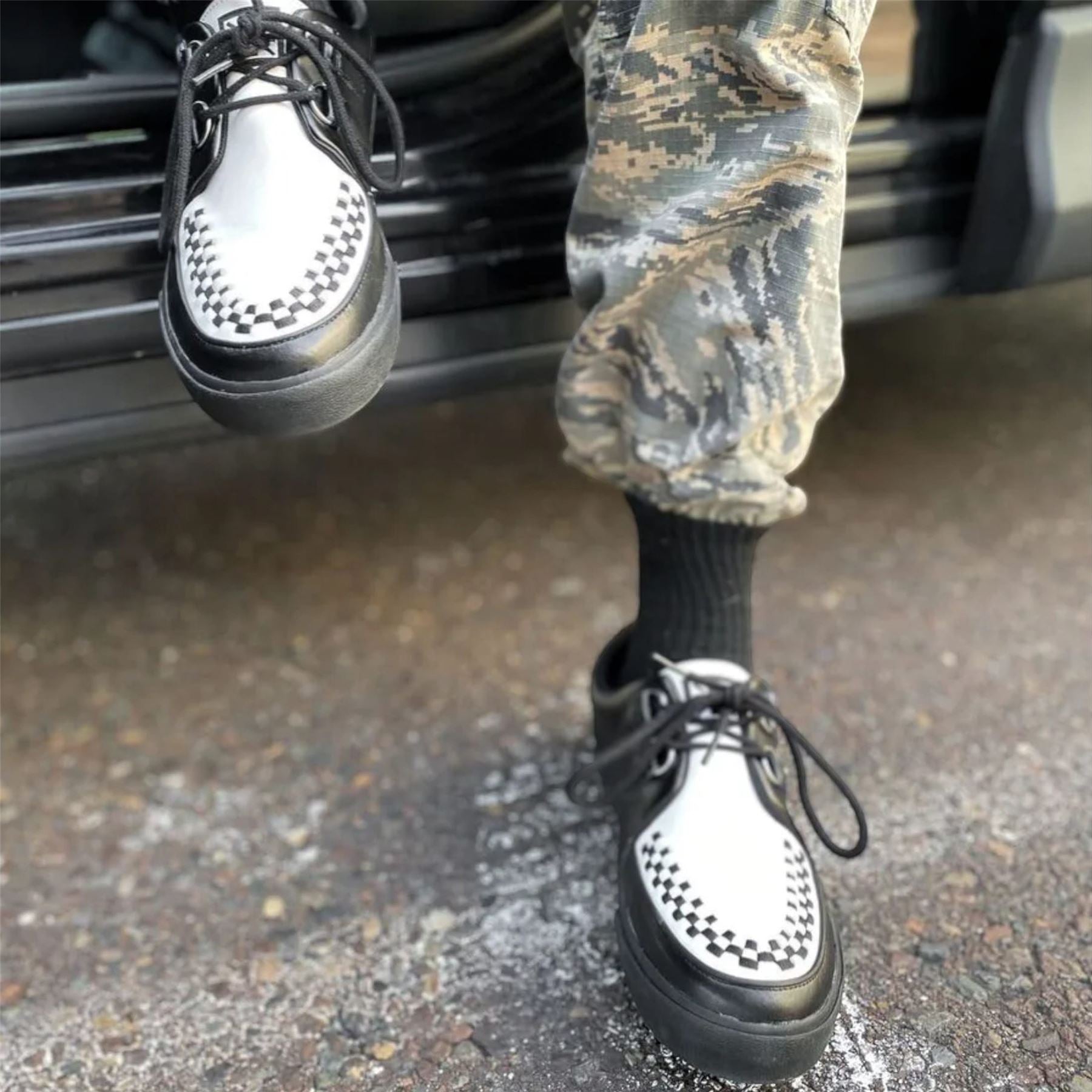 TUK Pointed Creeper Sneaker Black White Leather Platform Shoes - A9180