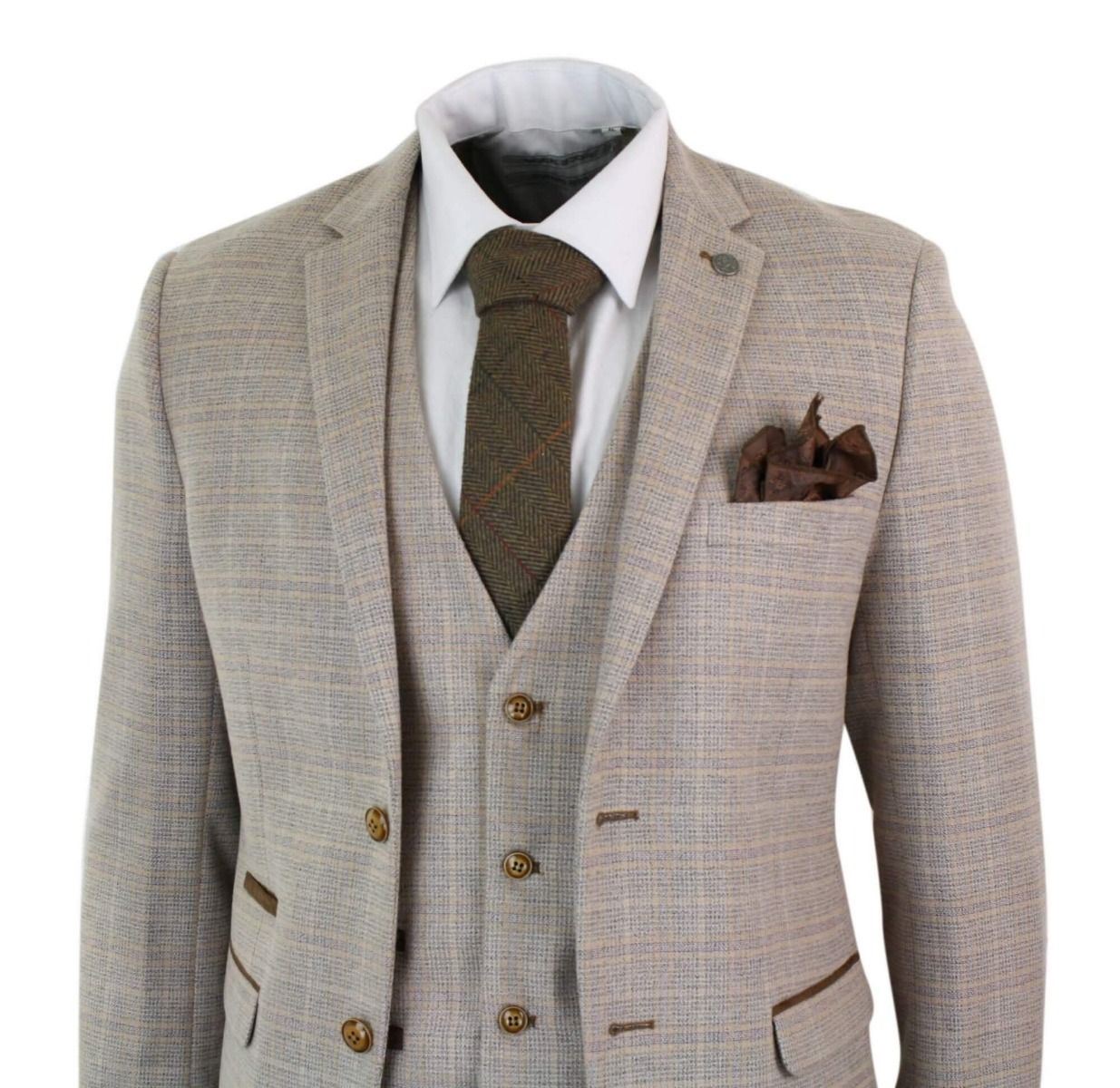 Mens 3 Piece Beige Tweed Check Vintage Retro Suit