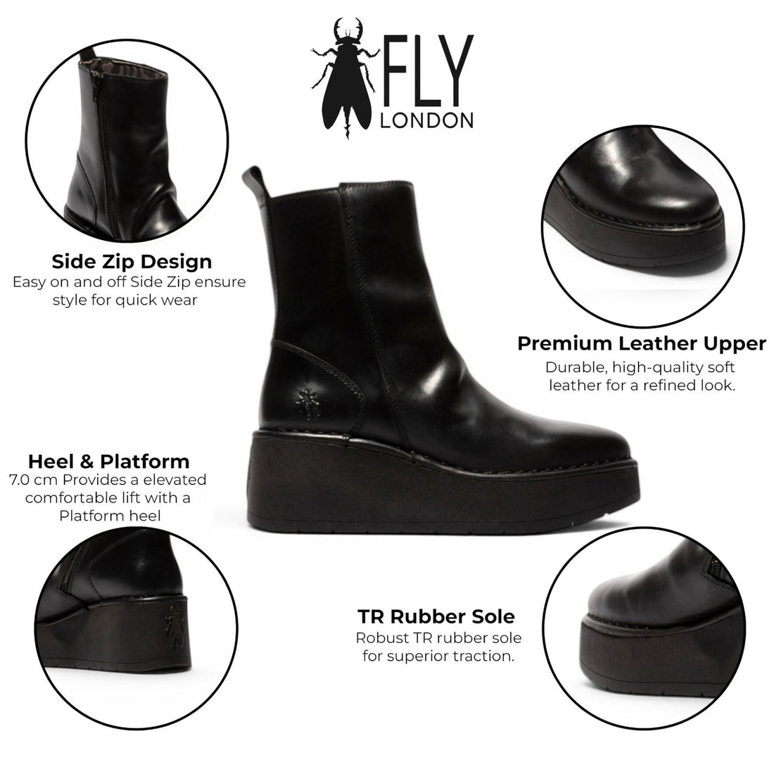 Fly London Women’s Black Leather Wedge Heel Platform Ankle Boots - HEIJ272
