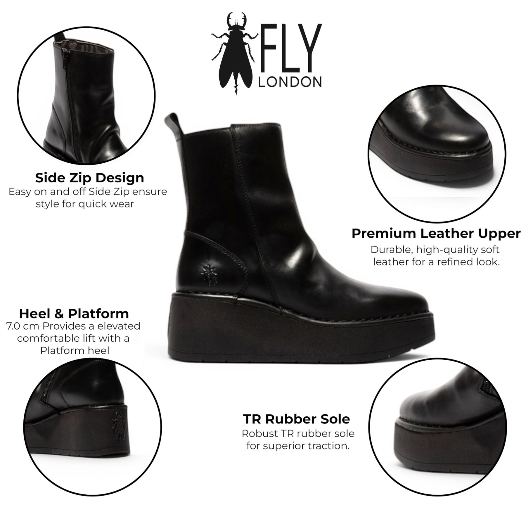 Fly London Women’s Black Leather Wedge Heel Platform Ankle Boots - HEIJ272